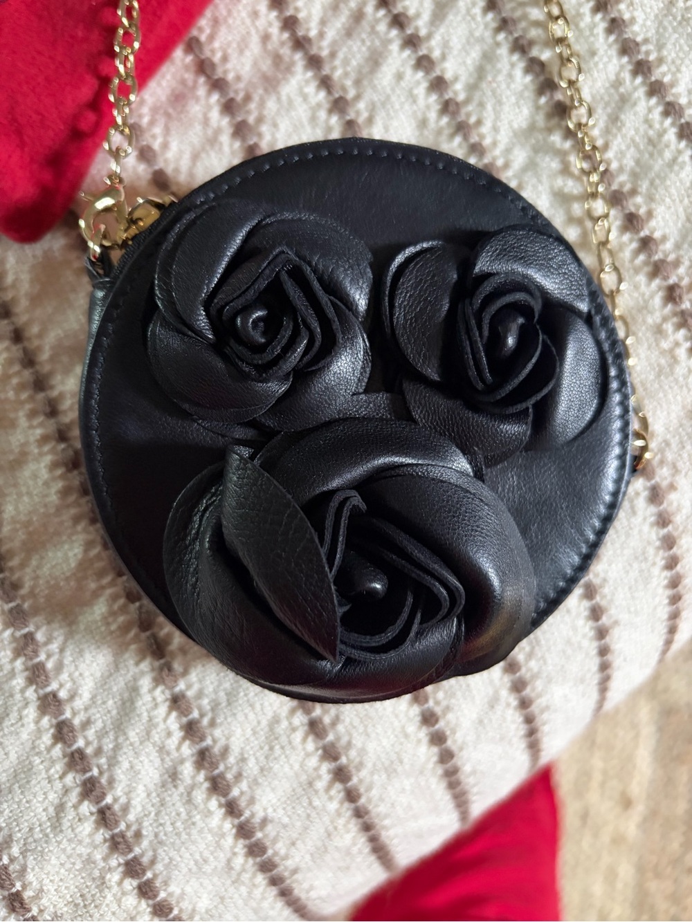 Valentino Black Floral Round Mini Crossbody with Gold Chain